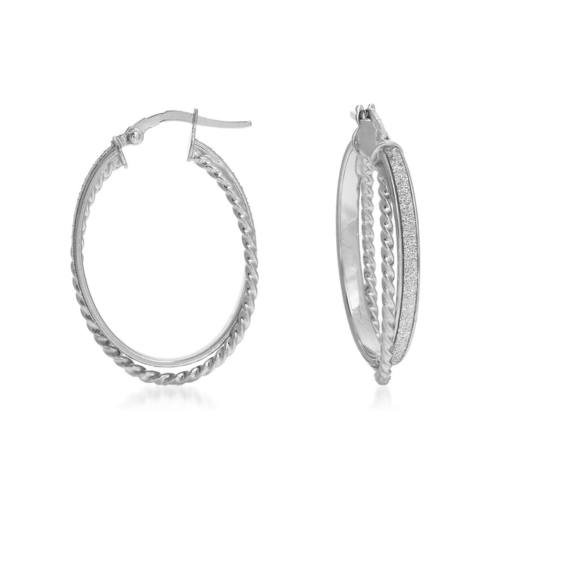 14kt white gold hoop earrings with silver glitter, textured outer oval hoops