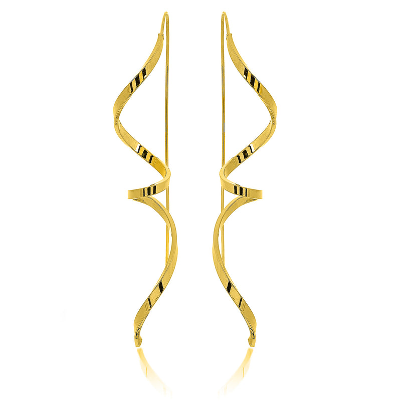 14kt yellow gold free-form swirl earwire earrings, long twisted ribbon shape