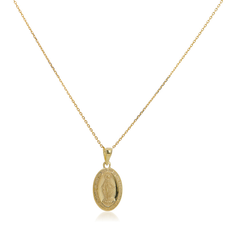 14kt yellow gold Virgin Mary oval pendant on a link chain