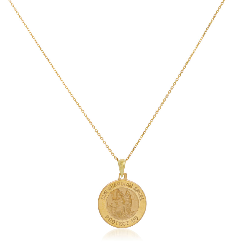 14kt yellow gold guardian angel medal pendant necklace with circular charm and loop bail