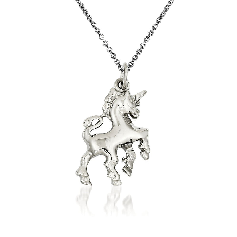 14kt white gold polished unicorn charm necklace with link chain