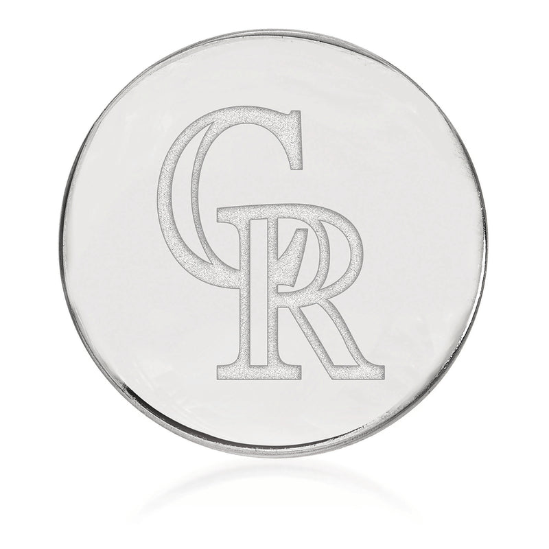 Round white gold baseball lapel pin with raised 'CR' monogram