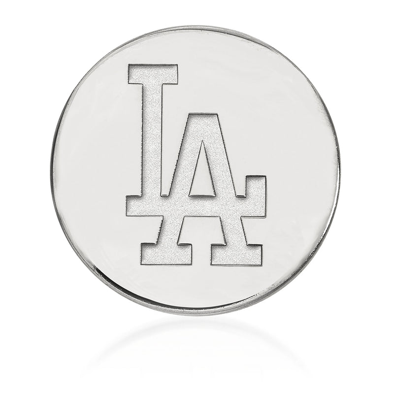 Round silver-tone MLB Dodgers lapel pin with raised LA letters
