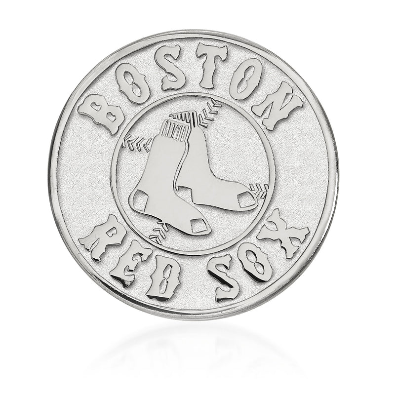 Round silver-toned MLB lapel pin with raised Boston Red Sox logo and lettering
