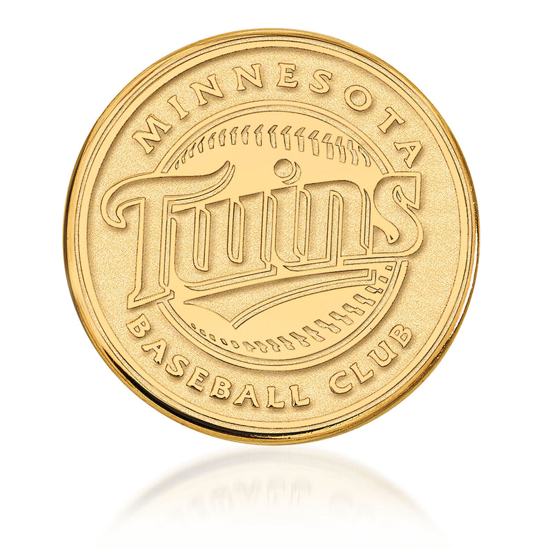 Gold circular lapel pin with embossed Minnesota Twins baseball club logo