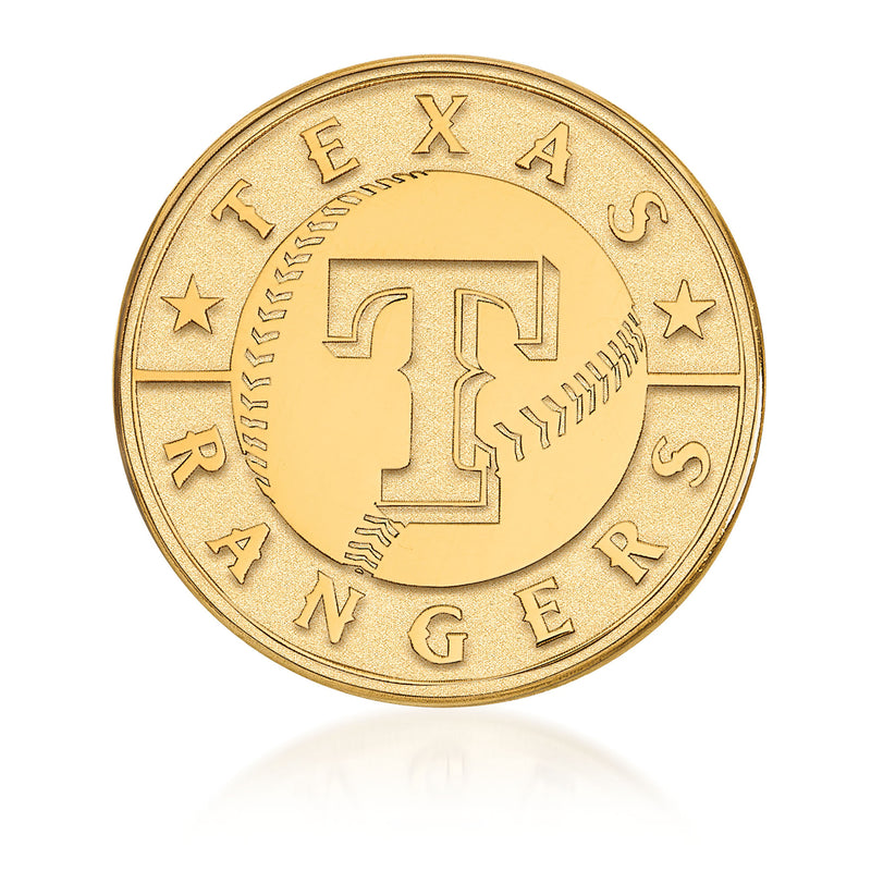 Round 14kt yellow gold MLB Texas Rangers lapel pin with raised baseball T emblem