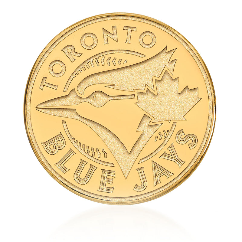 14kt yellow gold Toronto Blue Jays coin-style lapel pin with bird and text