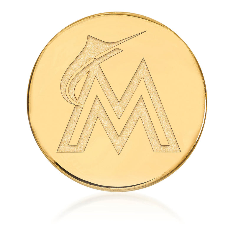 Round yellow gold MLB lapel pin with raised interlocking M emblem