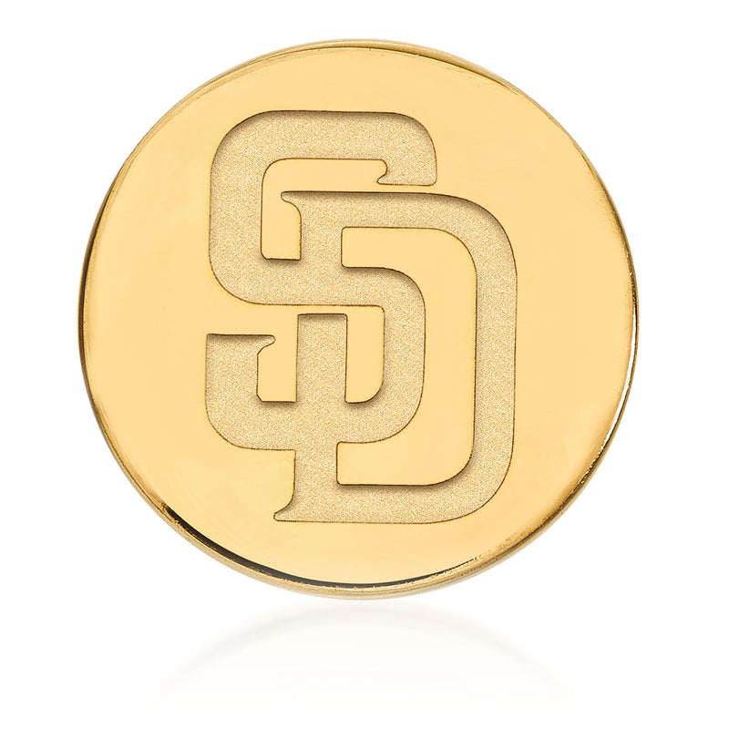 14kt yellow gold round MLB Padres lapel pin with raised S logo center