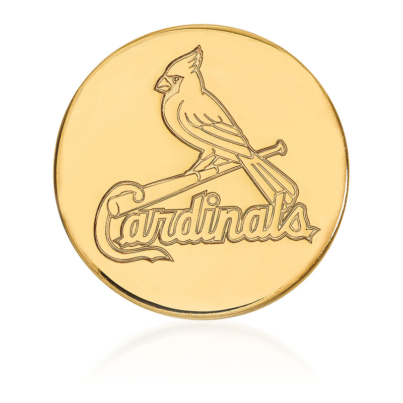 14kt yellow gold Cardinals lapel pin, round design with cardinal bird and Cardinals text