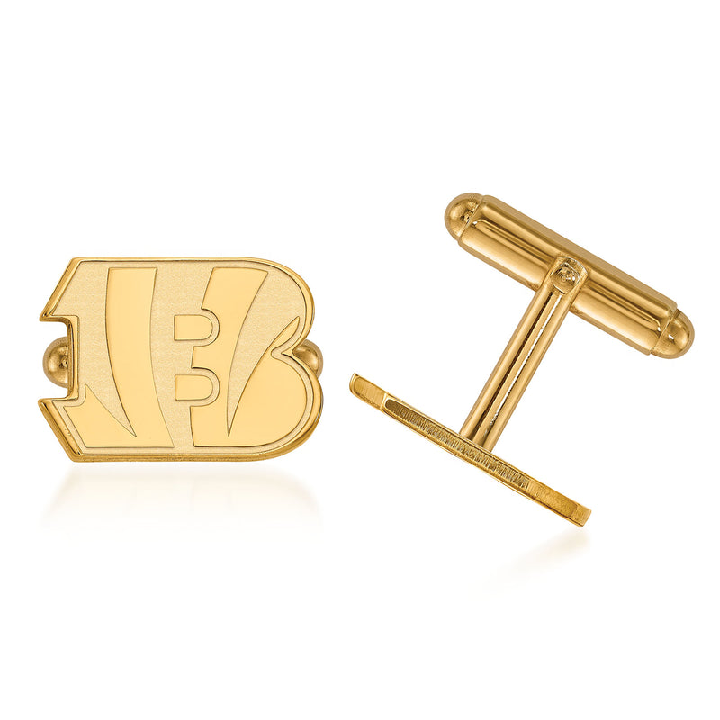 14kt yellow gold Bengals cuff links with hinged bar backs and 'B' emblem