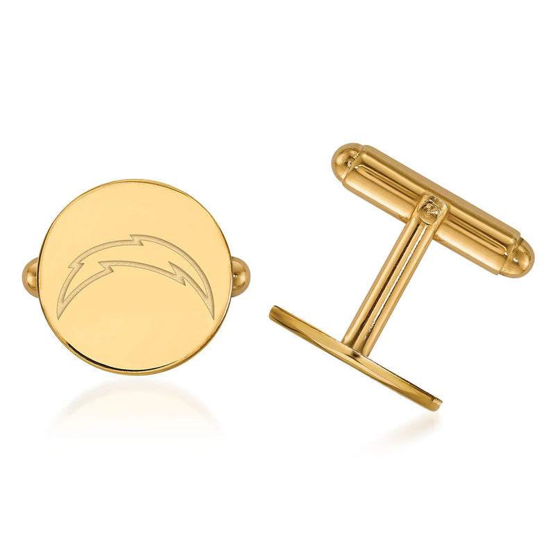 14kt yellow gold round NFL Chargers logo cuff links, hinged bar backs