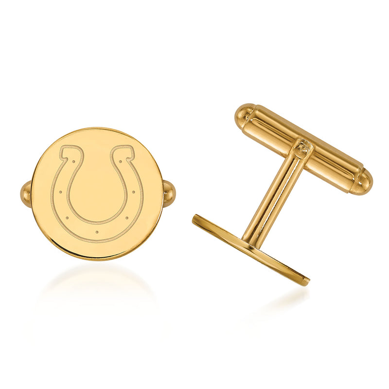 14kt yellow gold round cuff links with engraved horseshoe design and hinged bars