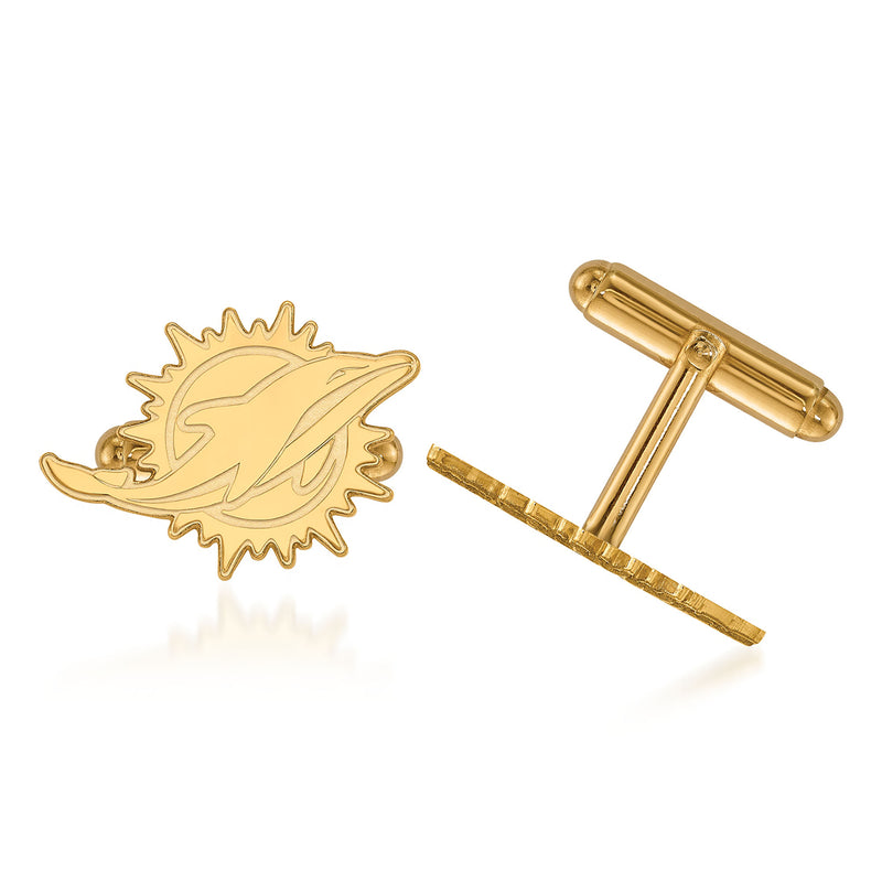 14kt yellow gold Miami Dolphins logo cuff links with hinged bar backs