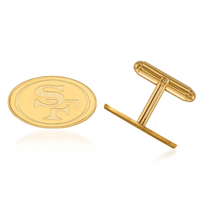 14kt yellow gold San Francisco 49ers logo cuff links with oval emblem and bar backs