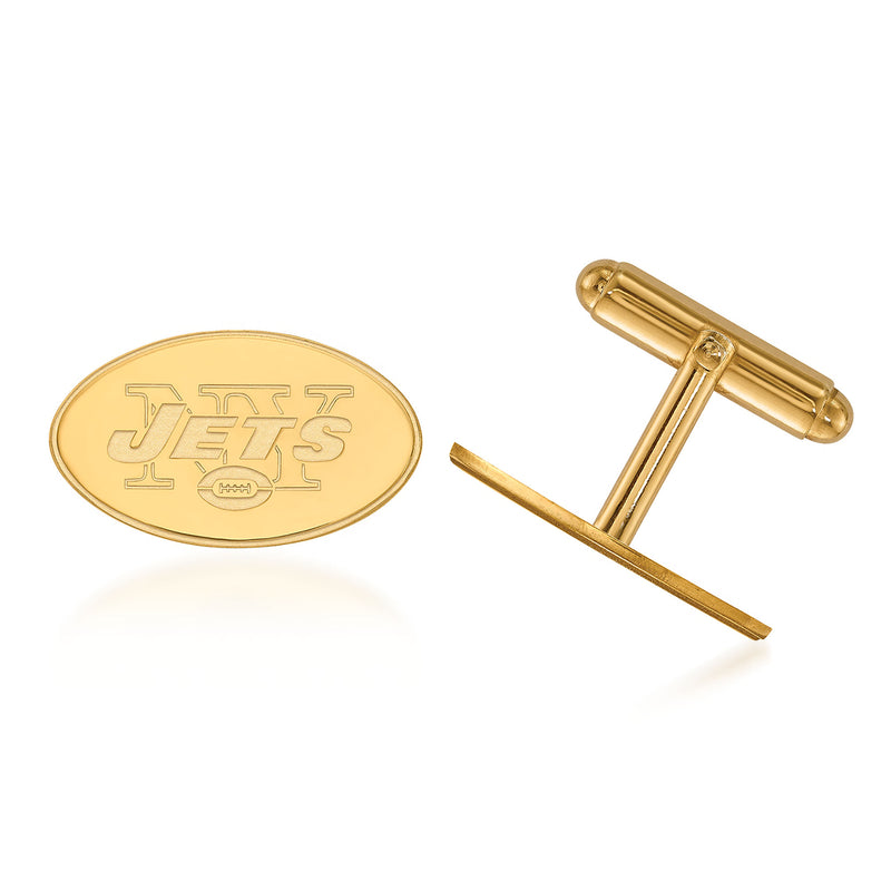 Yellow gold oval New York Jets logo cuff links with bar back