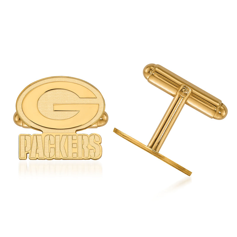 14kt yellow gold Packers cuff links, circular G and PACKERS text, bar backs