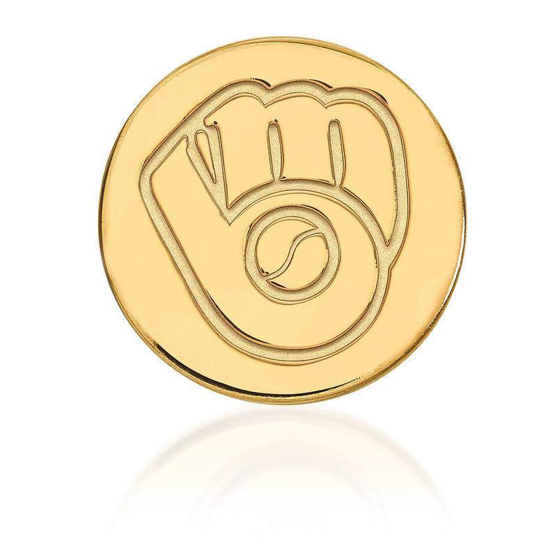 14kt yellow gold lapel pin, round face with embossed baseball glove motif