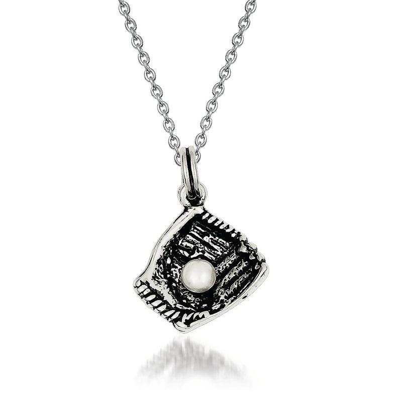 Baseball glove charm necklace with simulated pearl in sterling silver