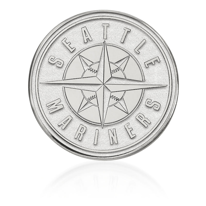 Round sterling silver lapel pin with compass star and Seattle Mariners lettering