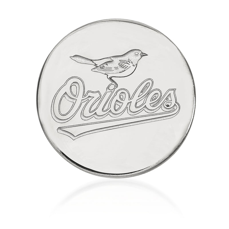 Round sterling silver Orioles lapel pin with bird and script logo