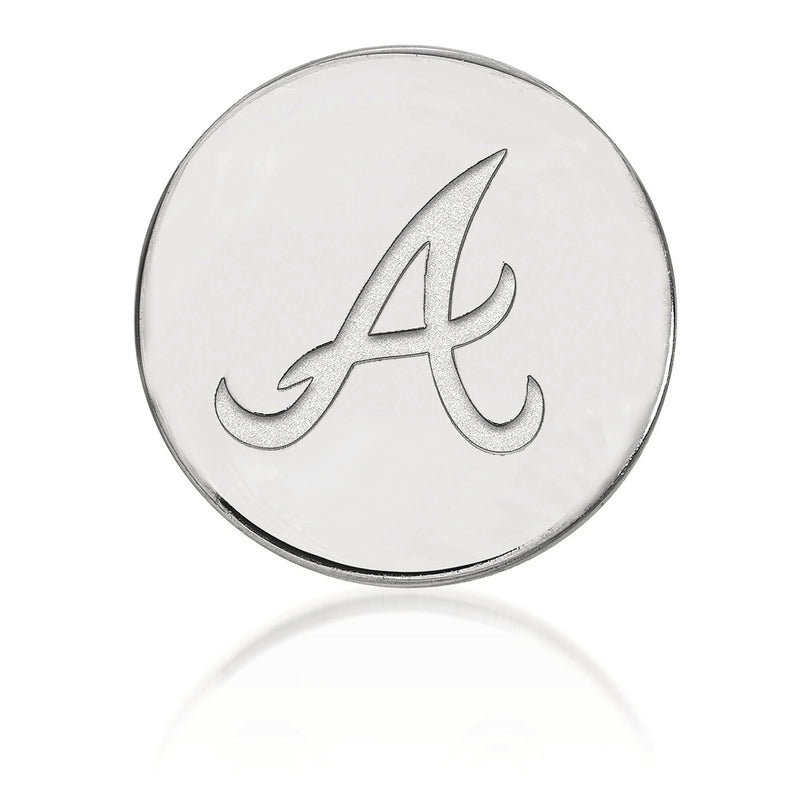 Sterling silver circular lapel pin with cursive A logo