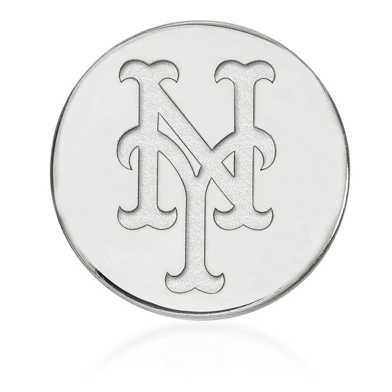 Sterling silver lapel pin with round face and raised NY monogram