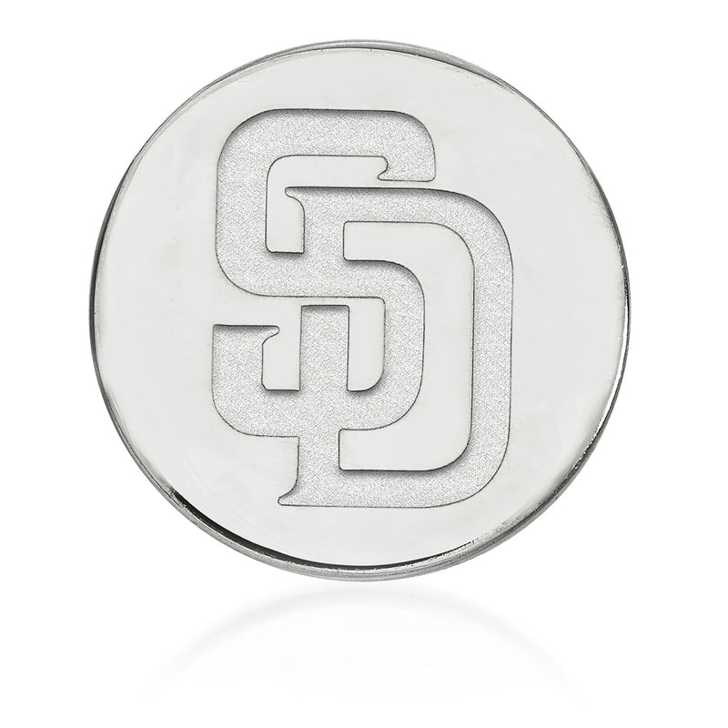 Round silver lapel pin with embossed SD logo center