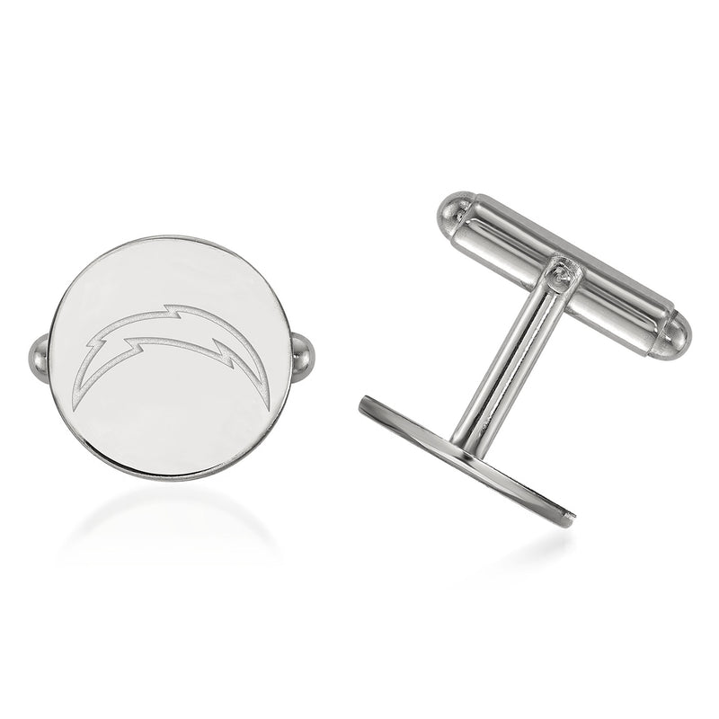 Sterling silver Los Angeles Chargers cuff links, round emblem and hinged bar backs