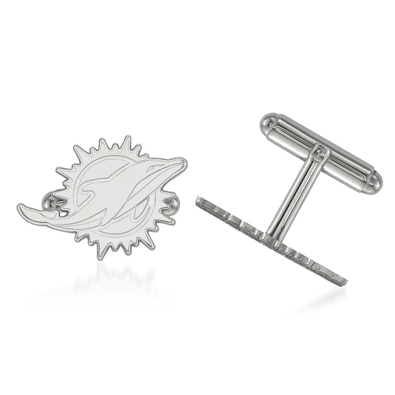 Sterling silver Miami Dolphins cuff links with dolphin emblem face and hinged bar backs
