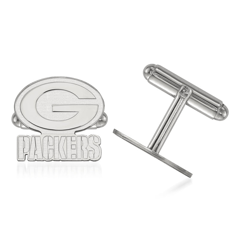 Sterling silver Green Bay Packers cuff links with circular G logo and PACKERS text
