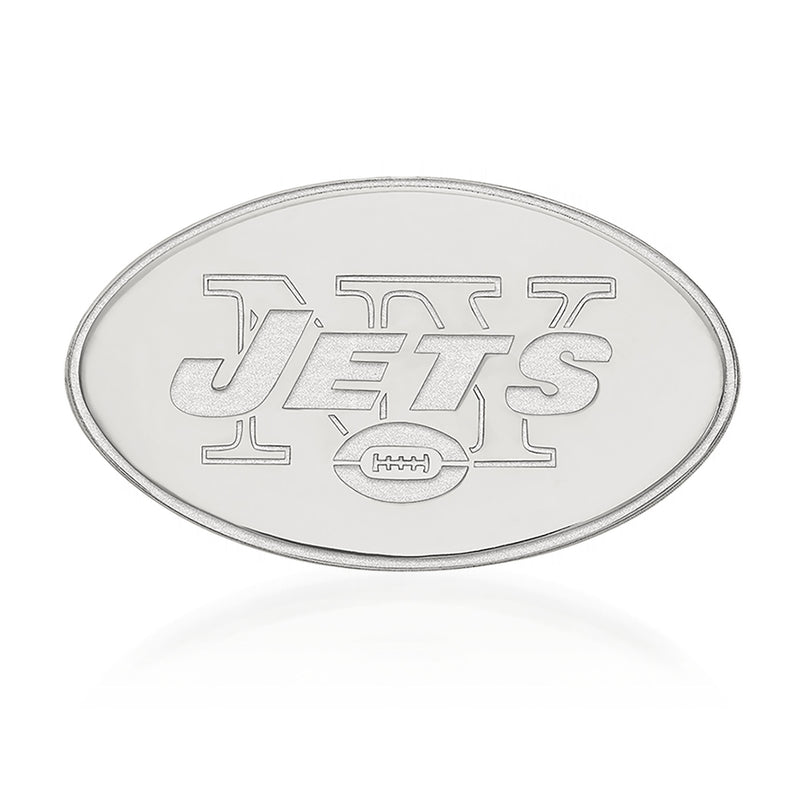 Sterling silver oval lapel pin with raised 'JETS' logo and football graphic