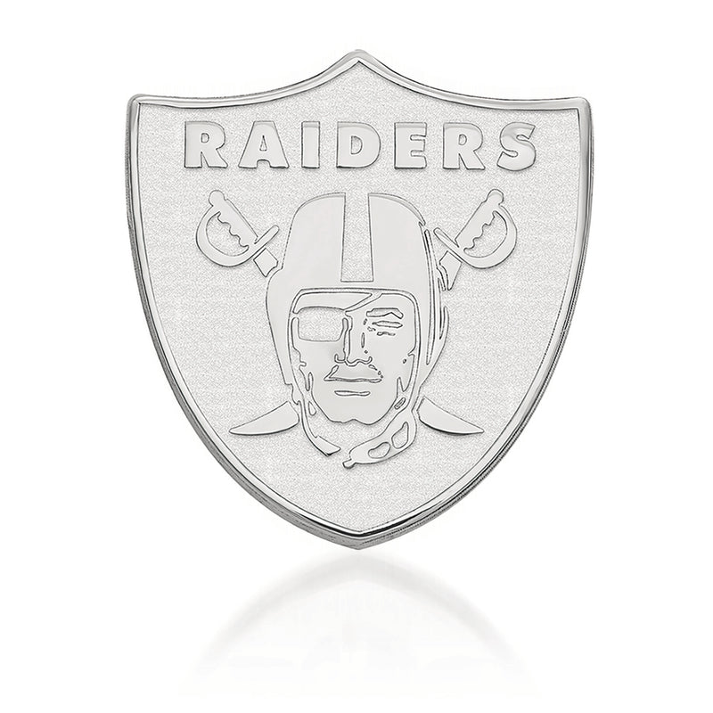 Sterling silver Oakland Raiders lapel pin with shield face and Raiders lettering