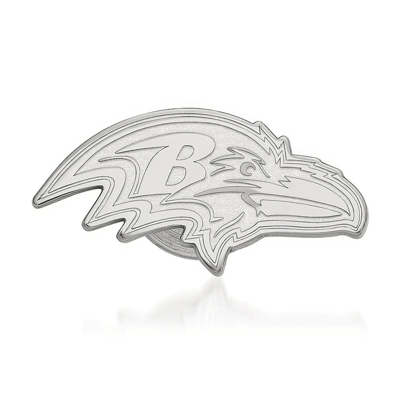 Sterling silver lapel pin with Baltimore Ravens “B” and raven head logo