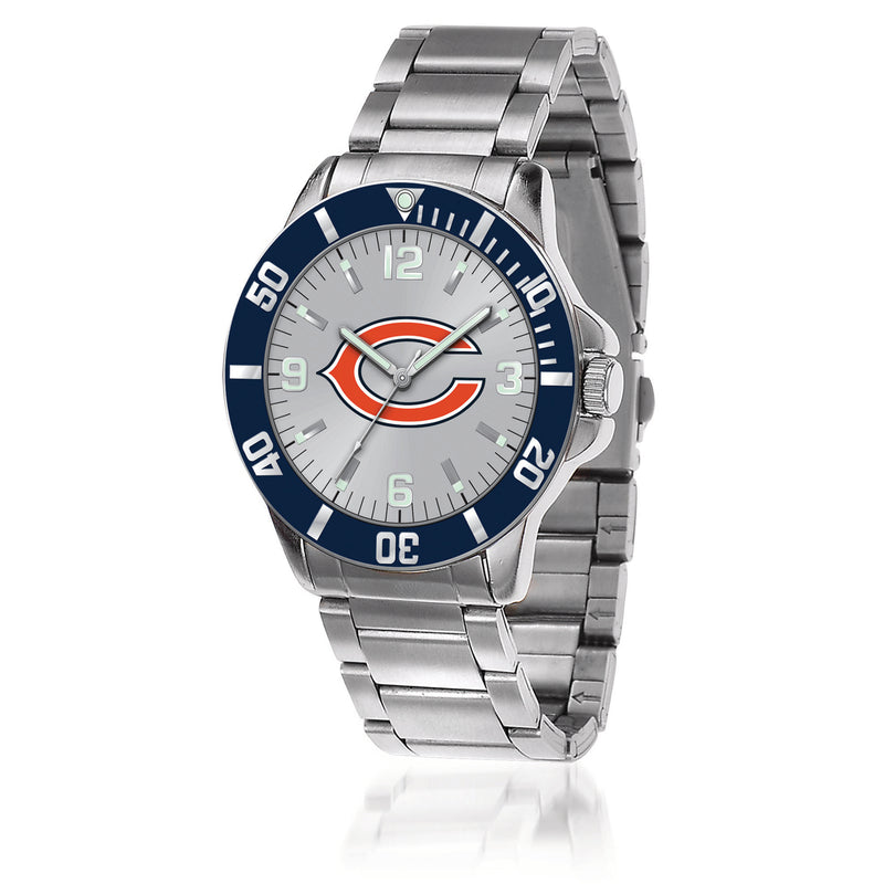 Stainless steel key watch with blue Chicago Bears dial, orange logo, metal bracelet