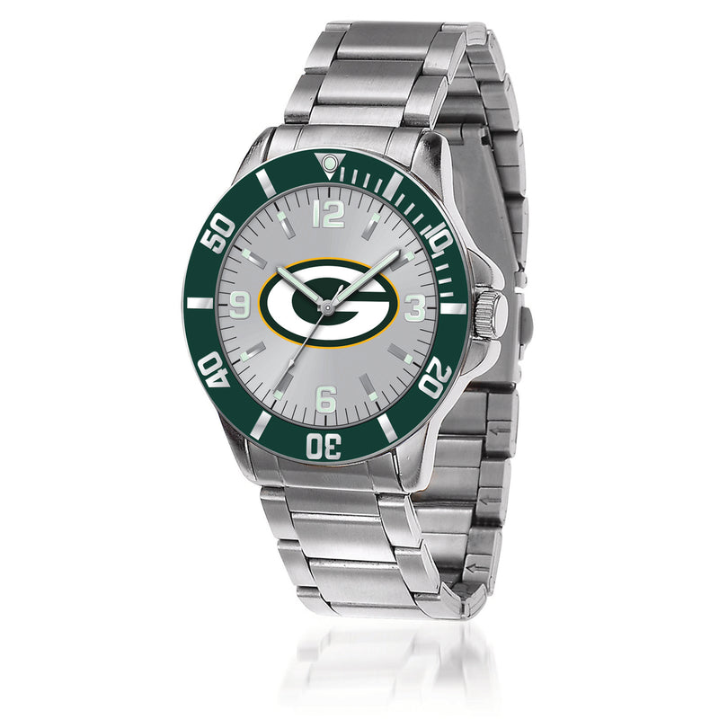 Stainless steel Green Bay Packers key watch with green dial and silver link bracelet