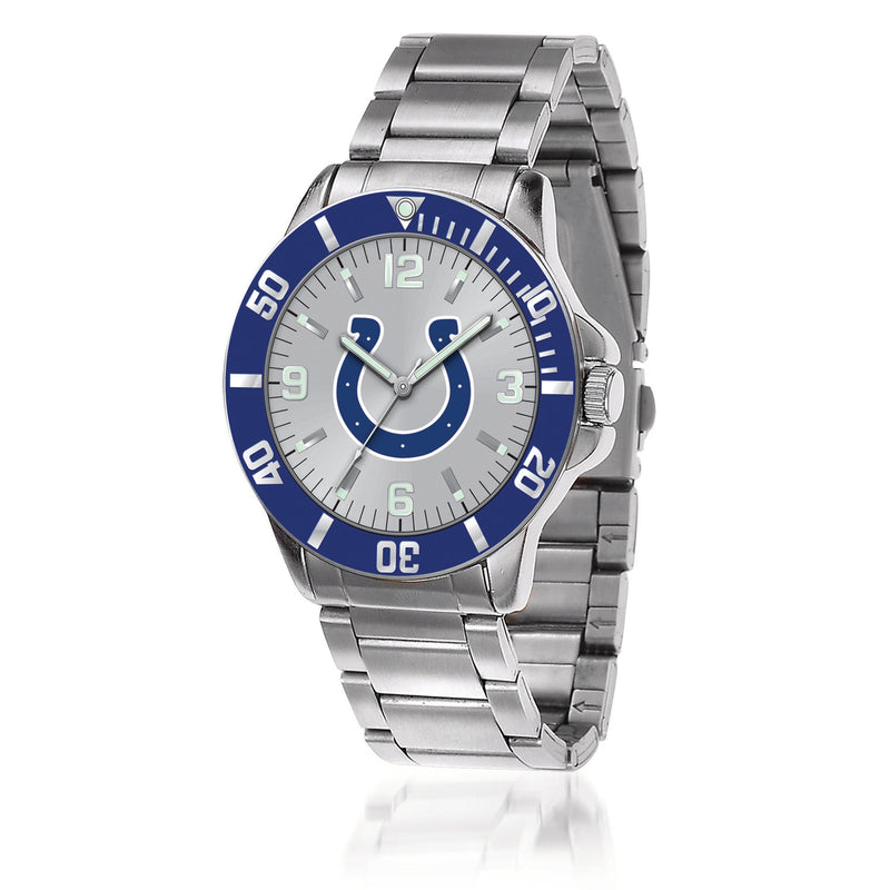 Stainless steel men's team key watch with blue dial and Colts logo, metal bracelet strap