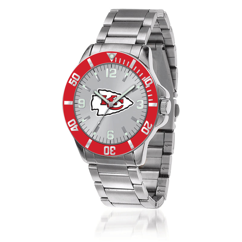 Stainless steel men's watch with red dial and Kansas City Chiefs emblem, metal bracelet