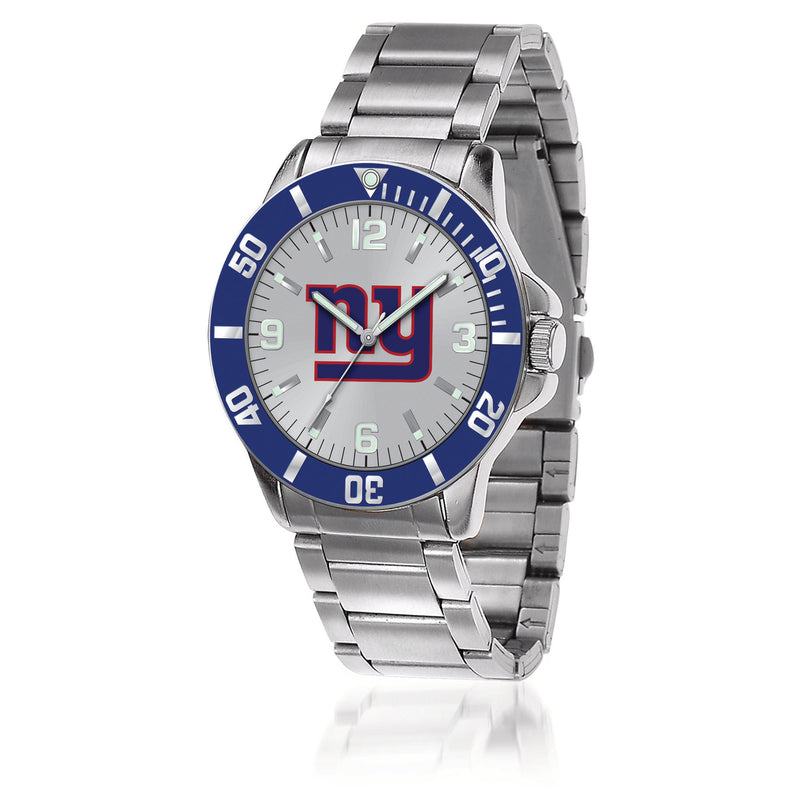 Stainless steel mens key watch with blue bezel and New York Giants logo dial