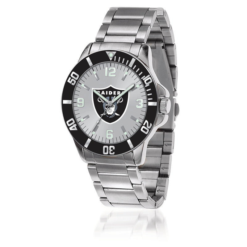 Stainless steel key watch with black bezel and Raiders logo dial, round 46mm case