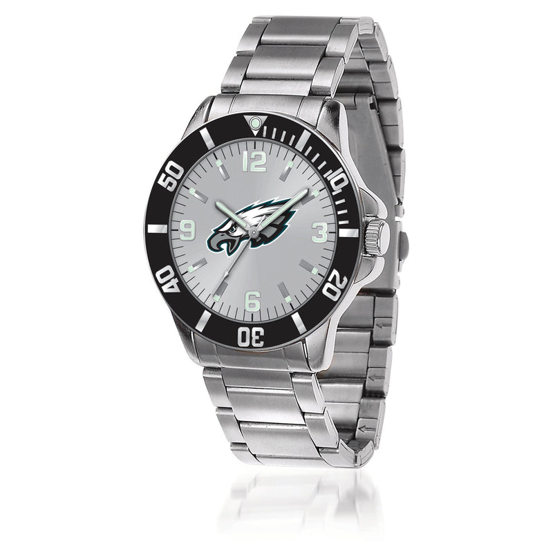 Men's stainless steel key watch with black dial and Philadelphia Eagles logo, round bezel