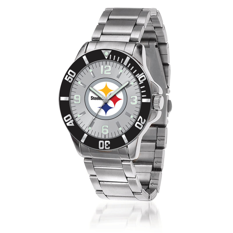 Men's stainless steel round watch with black bezel and Steelers logo dial