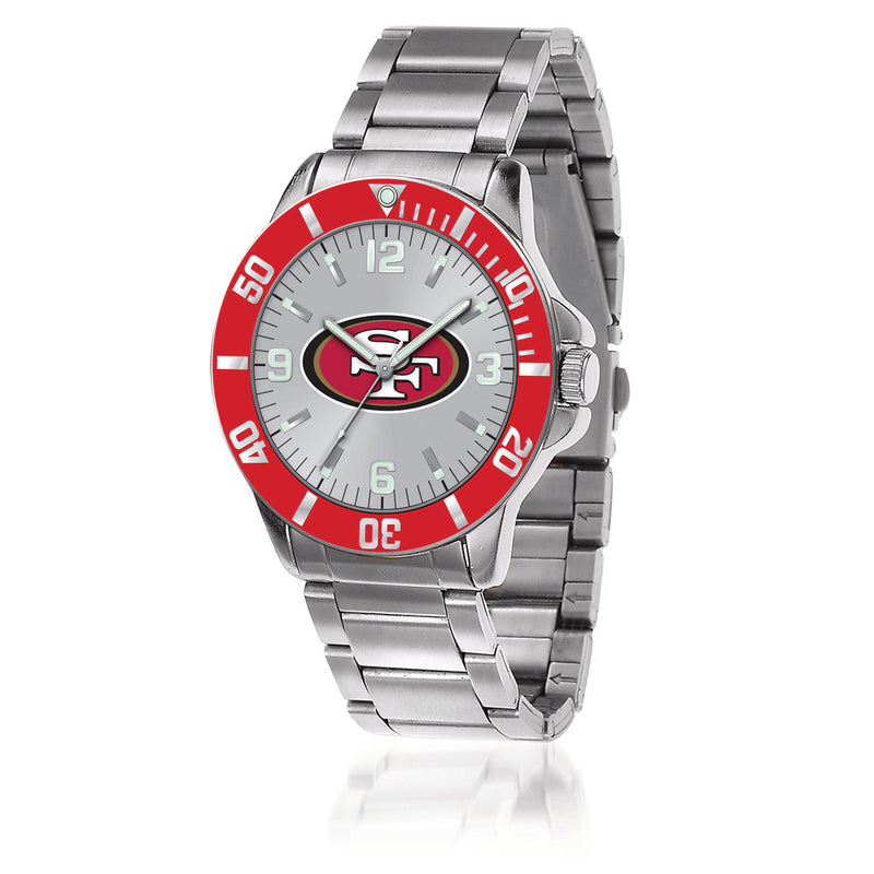 Stainless steel wristwatch with red rotating bezel, gray dial, 49ers logo
