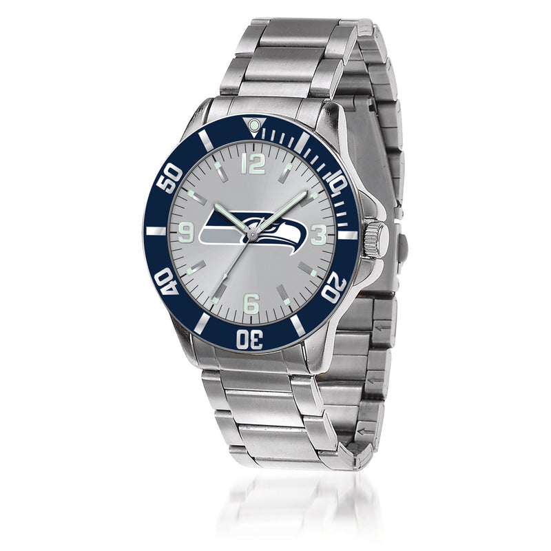 Stainless steel men's key watch with blue Seattle Seahawks dial and metal bracelet