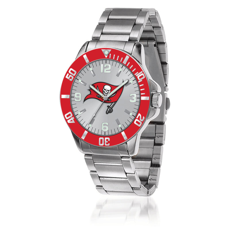 Men's 46mm stainless steel key watch with red dial and Tampa Bay Buccaneers skull logo