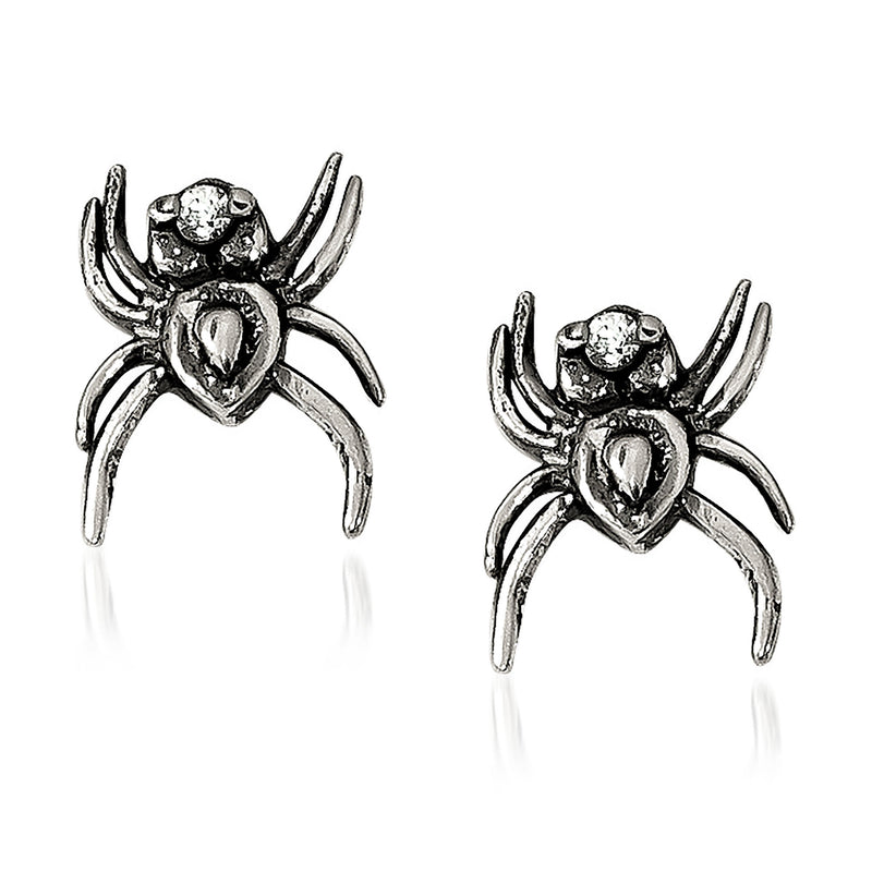 Sterling silver spider CZ post earrings with heart-shaped crystal accent
