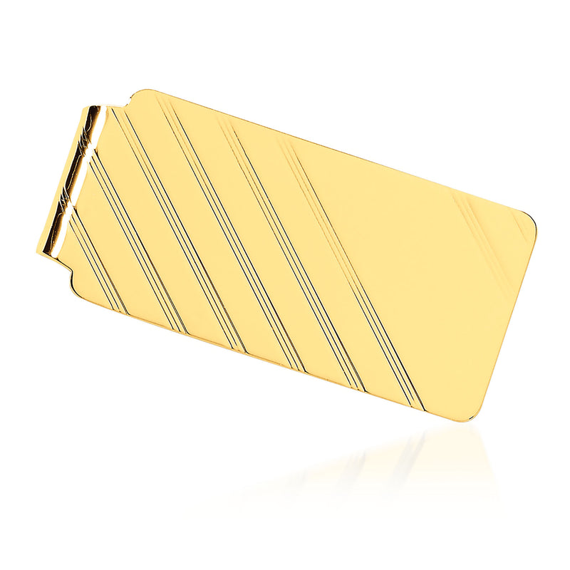 Polished 14kt yellow gold money clip with engraved diagonal stripe pattern
