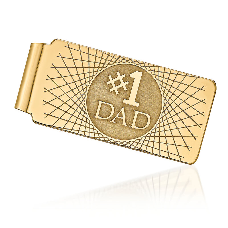 14kt yellow gold money clip with grid engraving and round “#1 DAD” medallion