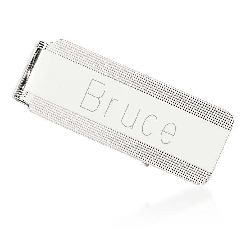 Engravable money clip in polished white gold tone with smooth center panel and ridged edges