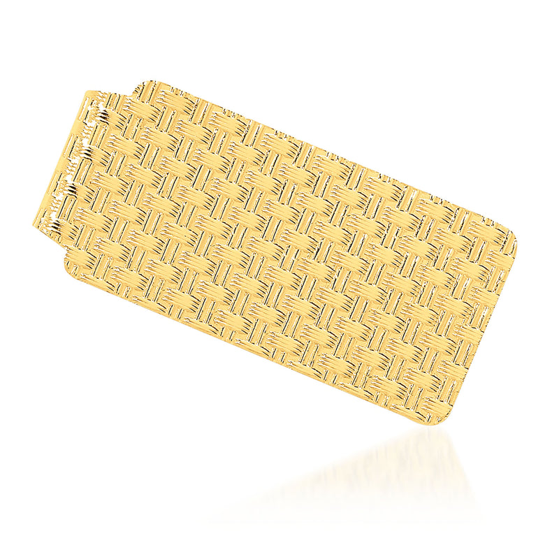 14kt yellow gold polished money clip with geometric woven pattern